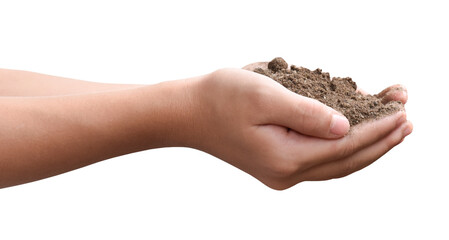 Pile of soil in child hands isolated on transparent background, PNG File