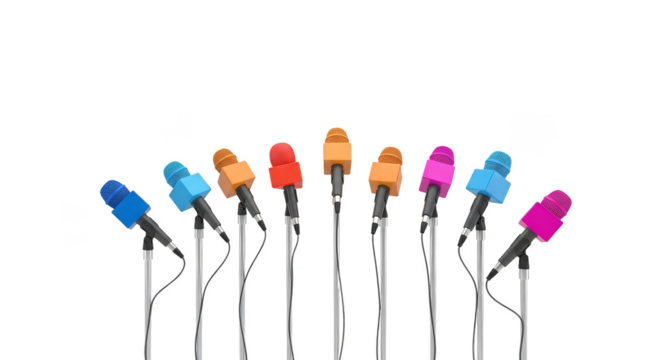 Colorful microphones gather for an event