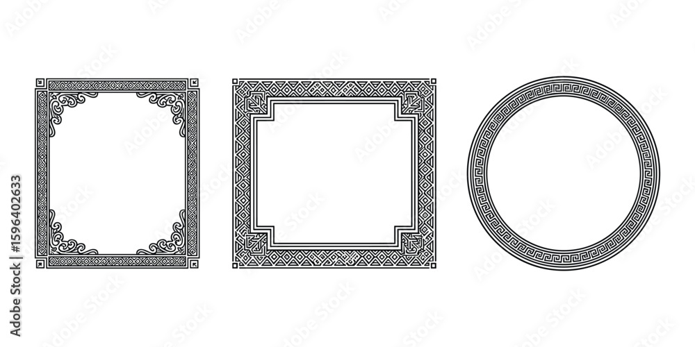 Poster set of decorative frames square and circle shapes black borders ornate design elements vector illust