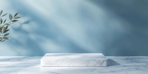 White marble base with pastel blue wall gradient for cosmetic display mockup
