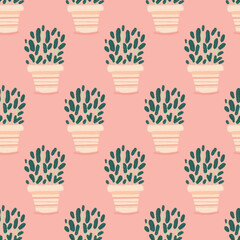 Potted Plant Seamless Pattern on a Pink Background