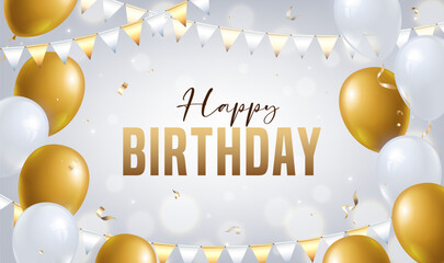 Horizontal birthday celebration illustration of golden and white balloons