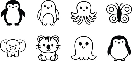 Cute animal illustrations vector set penguin octopus butterfly tiger elephant ghost kawaii line art design. Editable vector illustration.