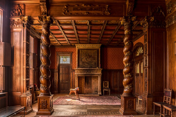 Ornate abandoned mansion interior with carved wooden columns, vintage fireplace, antique rocking horse and classic furniture in warm natural light