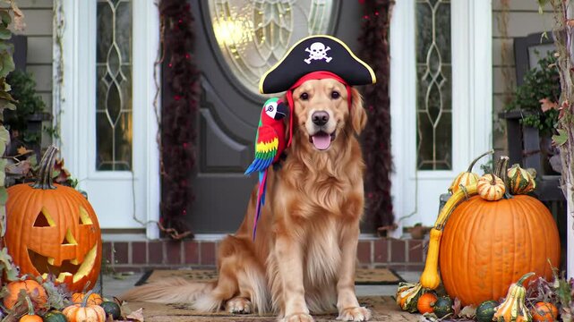 Golden retriever dog dressed as pirate with Halloween decorations  