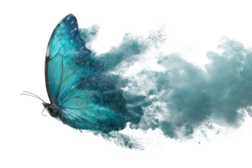 Ethereal teal butterfly in flight, dissolving into a watercolor dream.