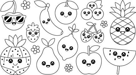 Cute kawaii fruits coloring page for kids and adults printable fruit outline illustration vector art . Editable vector illustration.