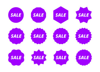Collection of purple promotional sale badges in assorted geometric shapes with bold white text, ideal for online stores, banners, or print ads