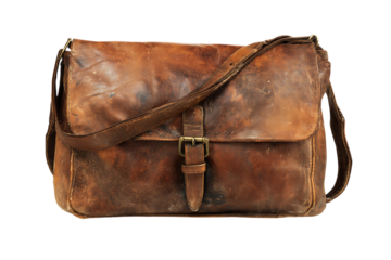 Well-worn brown leather satchel bag