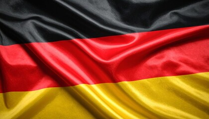 Obraz premium Belgian flag with vertical stripes of black, yellow, and red, fluttering on silky fabric with lustrous folds, set against neutral backdrop.