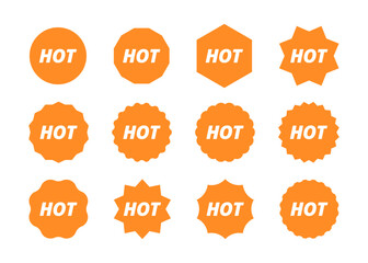Set of promotional badges with the word "HOT" in bold white font, displayed in multiple geometric shapes, suitable for highlighting trending products or deals