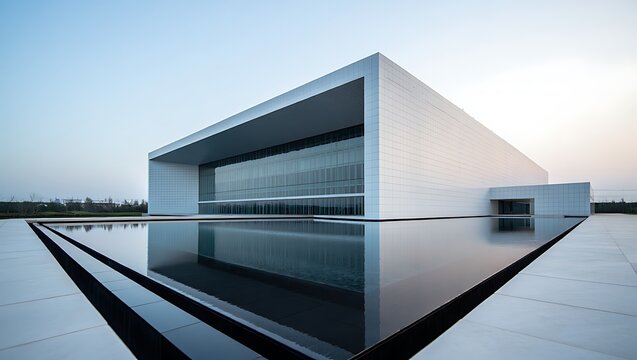 Modern white building with glass facade and reflecting pool modern architecture minimalist design
