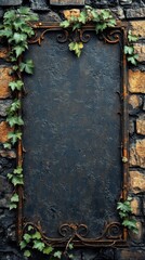 Dark Board with Vines on Stone Wall for Signage or Display