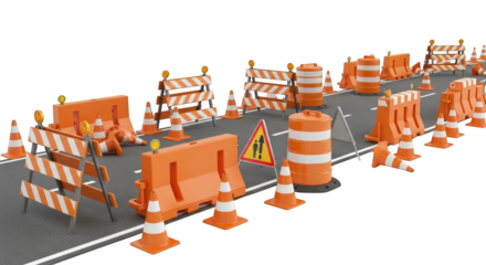 Orange roadwork barriers obstruct asphalt