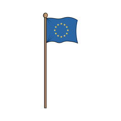 European Union Flag Waving on a Pole Against a White Background