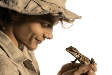 Young man gently holds a small lizard.