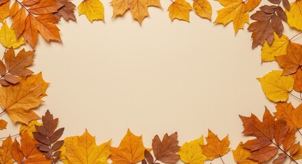 Fototapeta premium Autumn Leaves on Beige Background – Minimal Fall Season Composition for Copy Space