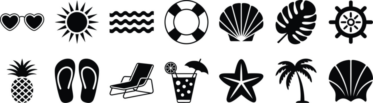 Summer beach vacation vector icon set sunglasses sun waves lifebuoy seashell palm tree starfish pineapple . Editable vector illustration.