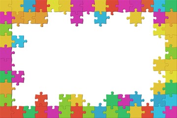Colorful jigsaw puzzle pieces frame with one row and added puzzle pieces with copy space on white background