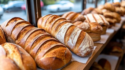 Freshly baked loaves on bakery shelves, city street view