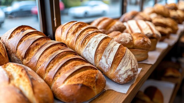 Freshly baked loaves on bakery shelves, city street view