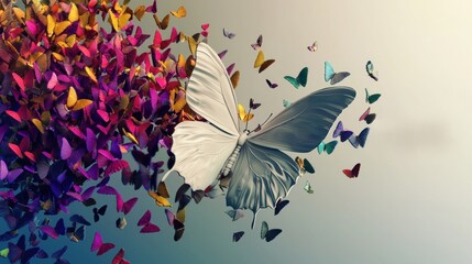 A single white butterfly surrounded by colorful butterflies illustrating freedom and transformation
