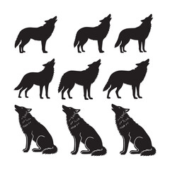 A collection of 12 black and white wolf silhouettes arranged in two rows.