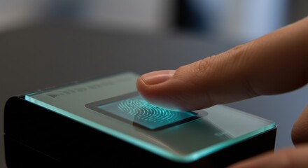 Close-Up Thumb on Biometric Fingerprint Scanner – Realistic Identity Verification Concept