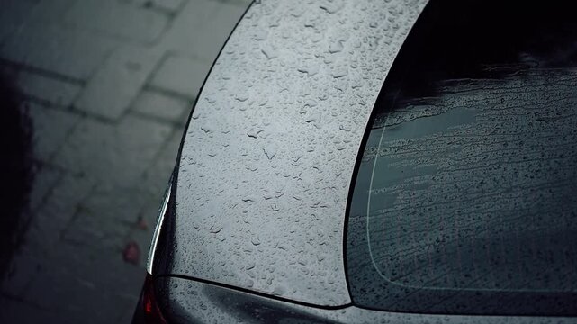 Rain drops create patterns on the surface of a car during a rainy day in the city. Slow motion