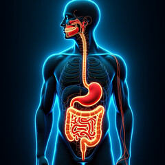 Futuristic medical infographic of human body structure and nerves.

