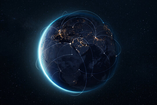Digital connections around the world — planet Earth at night with glowing network lines representing global communication, data transfer, and worldwide internet connectivity in space.