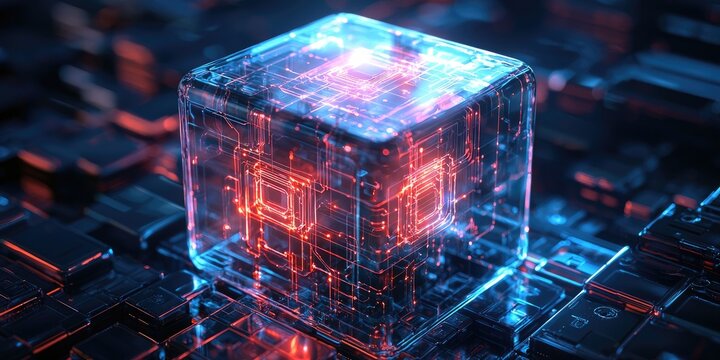 Artificial intelligence core glowing inside a transparent cube in a lab