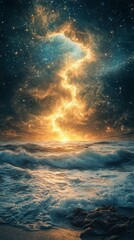 Fototapeta premium Ocean Waves Rolling Under Starry Galaxy Sky
