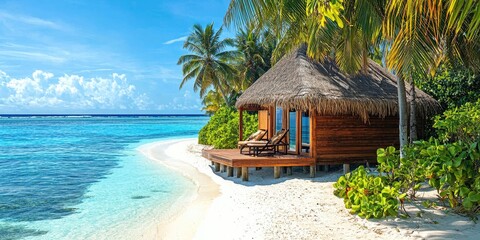 Fototapeta premium Beachfront bungalow with thatched roof and ocean view in Maldives