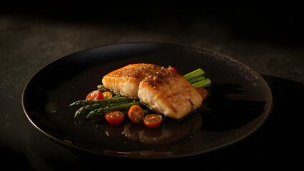 Pan-Seared Salmon with Roasted Asparagus and Cherry Tomatoes, glowing with warm cinematic lighting on a moody black table, Cinematic Mood & Lighting