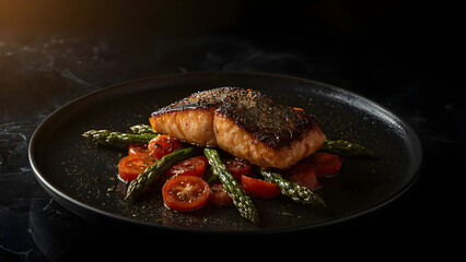 Pan-Seared Salmon with Roasted Asparagus and Cherry Tomatoes, glowing with warm cinematic lighting on a moody black table, Cinematic Mood & Lighting