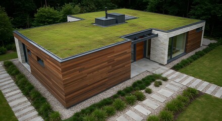 Modern Eco-Friendly House with Green Roof and Wood Siding