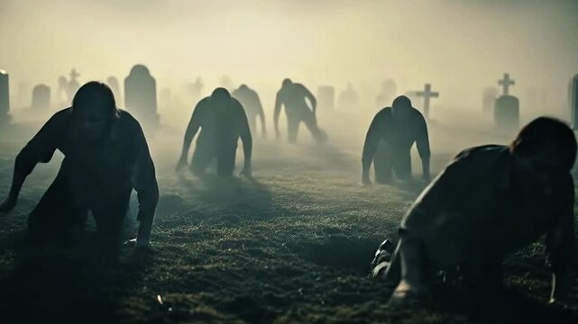 Nightmare in the graveyard: A chilling scene unfolds in a foggy graveyard, with a gathering of sinister figures, emanating an atmosphere of horror.