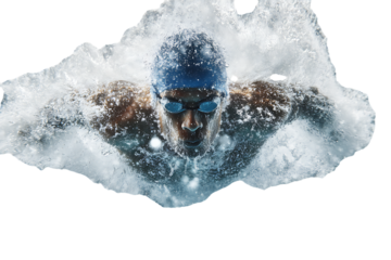 Powerful swimmer bursts through water.