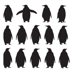 Obraz premium A collection of 16 black silhouettes of penguins Vector Design. 