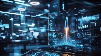 Futuristic control room rocket launch