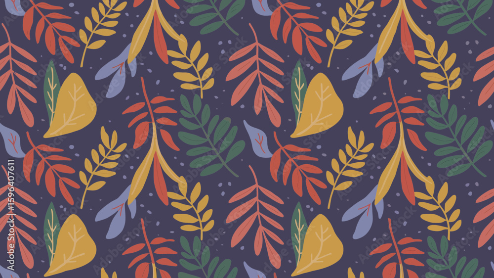 Poster seamless pattern featuring colorful leaves on a dark background, creating a nature-inspired design e