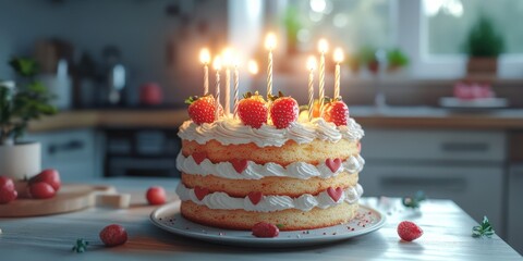 Celebrating a special occasion with a beautifully decorated cake topped with strawberries and candles in a cozy kitchen setting