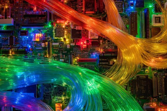 Circuit art symbolizes nand flash market connections. Circuit board art. Nand flash prices expected to climb due to increased market demand. Electronics assembly. Digital data streams.