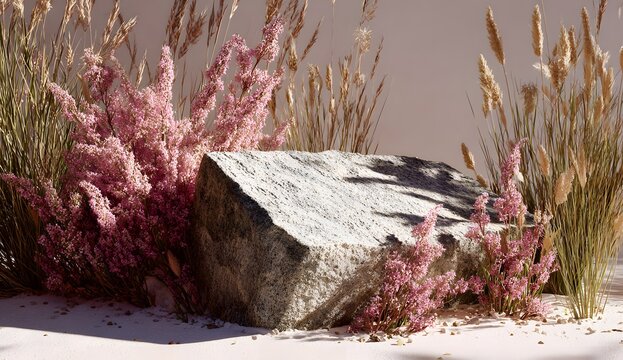 Serene Landscape with Stone and Floral Details