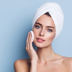 A beautiful woman applying a facial product with a cotton pad, appearing fresh and radiant, with a towel wrapped around her head