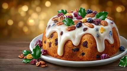 Traditional Christmas fruitcake with icing, garnished with dried fruits and pecans on plate, perfect holiday dessert presentation with vibrant bokeh background.
