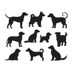 A collection of twelve black silhouette illustrations of dogs arranged in two rows against a white background. 