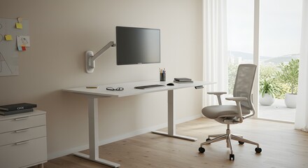 Modern Home Office Interior with Adjustable Standing Desk and Ergonomic Chair