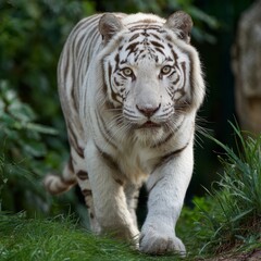 Naklejka premium Majestic white tiger walking towards camera. A majestic creature with striking stripes and piercing eyes in a natural habitat